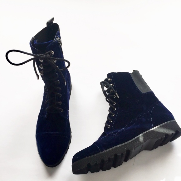 Pliner Blue Velvet Combat Boots 